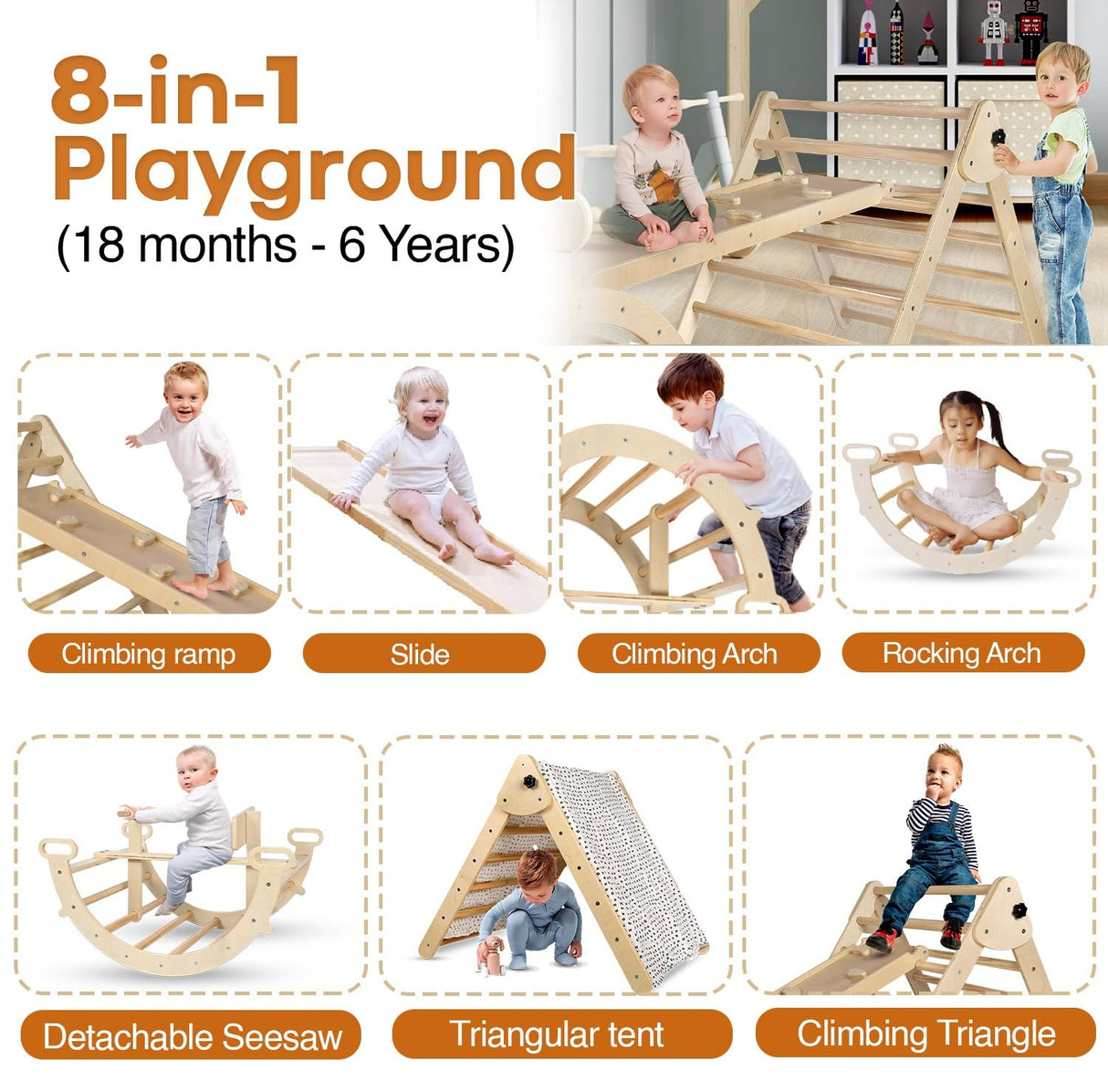 Utopia House 8 in 1 Pikler Triangle Set with Detachable Seesaw for 1.5-6 Years Old, Montessori Climbing Set, Toddler Climbing Toys Indoor Climbing Gym, Kids Climbing Toys, All Natural Wood Utopia House