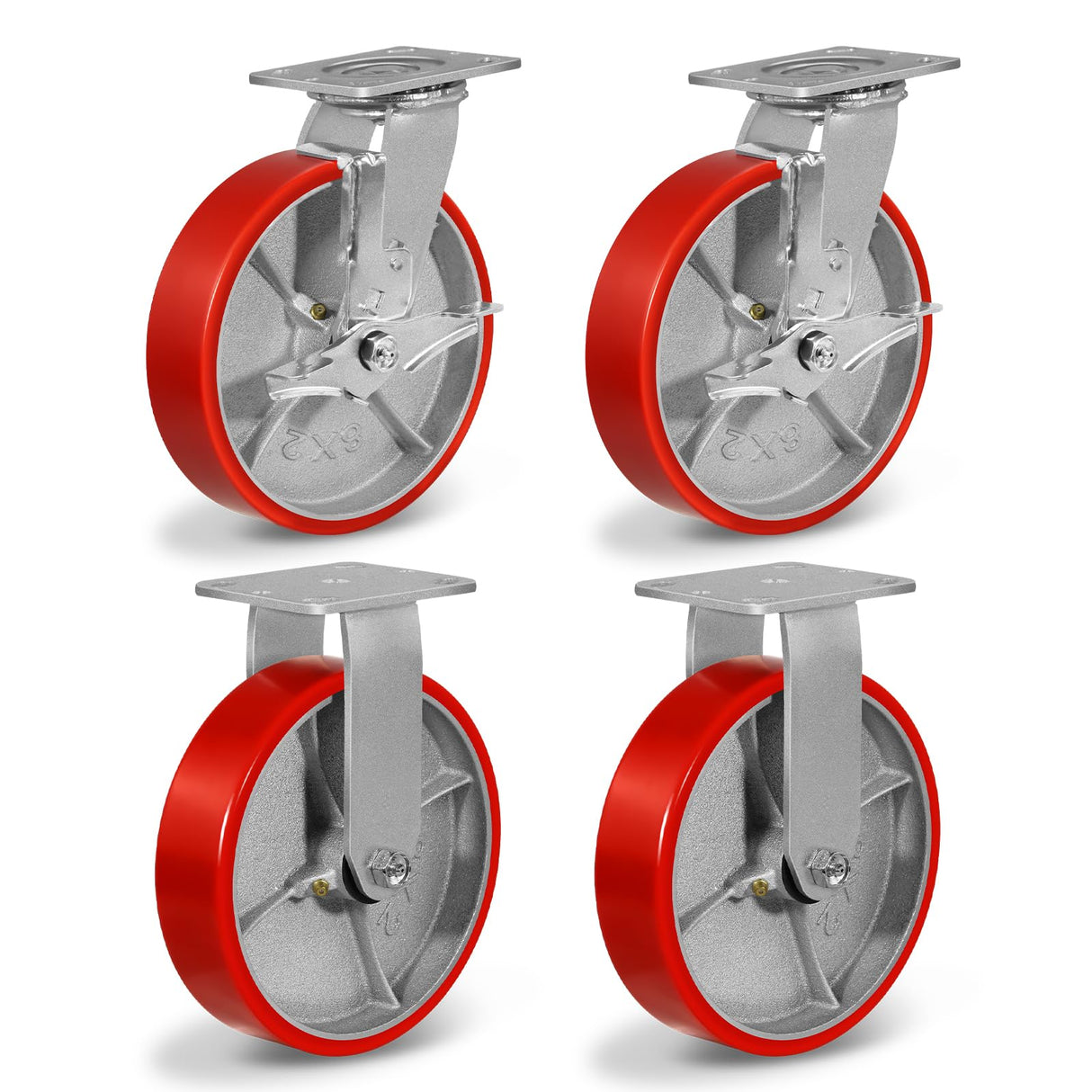 NINOSO 8"X 2" Heavy Duty Caster Wheels, Swivel Casters Set of 4 Polyurethane Wheel with Strong Load-Bearing Capacity 6000lbs, Industrial Casters for Toolbox Workbench (2 Brakes & 2 Rigid) Ninoso