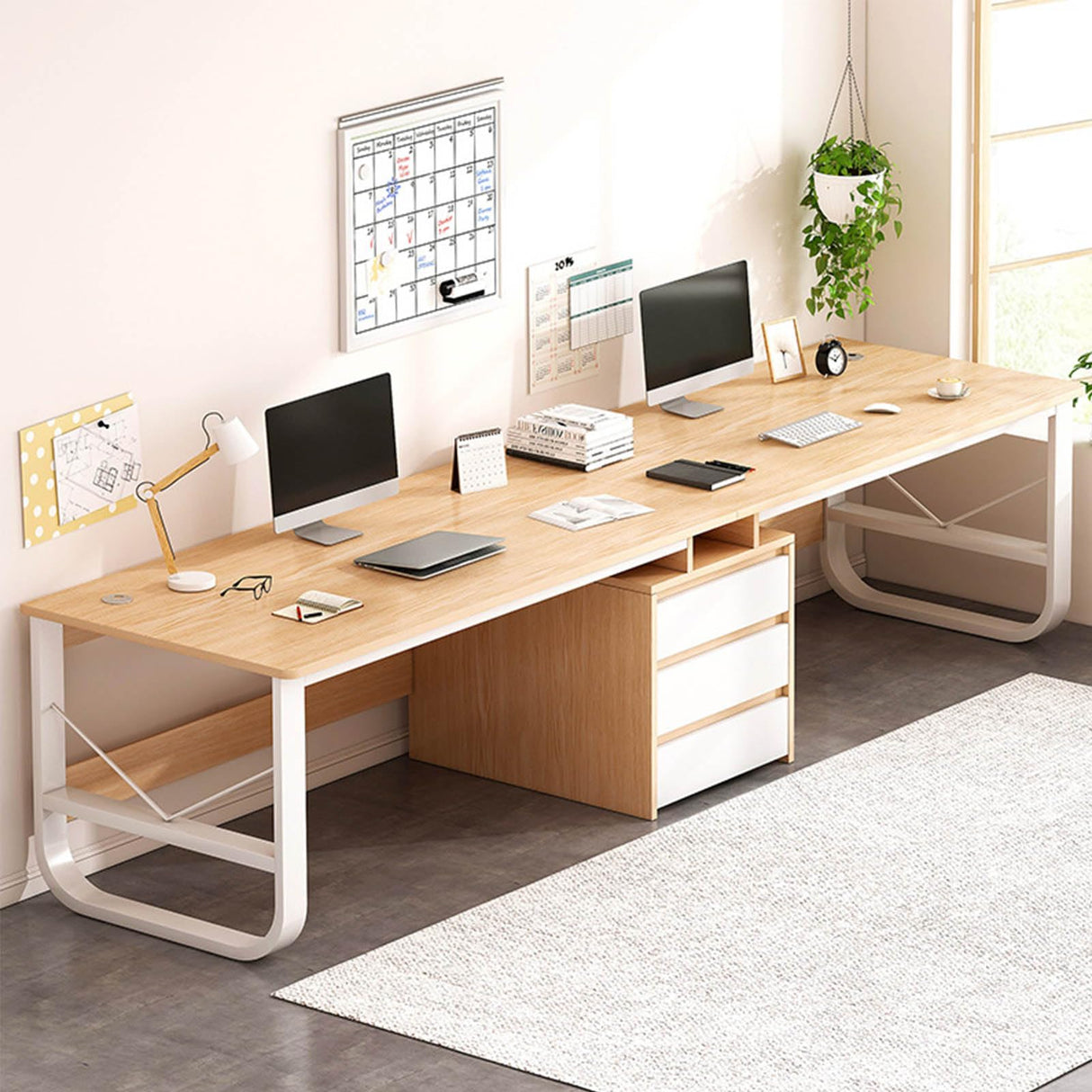 SUZEPER Two Person Desk with Drawers,Extra Long Desk with Storage Cabinet Shelf, Double Computer Gaming Desk, 2 Person Desk Writing Study Desk for Home Office Desk (200x50x73cm(79x20x29inch), A) SUZEPER