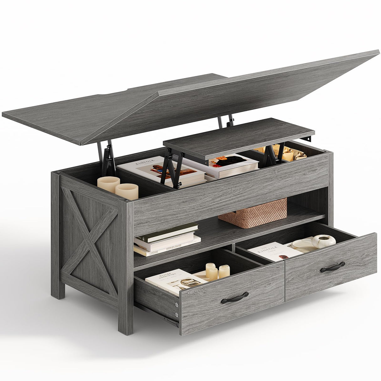 Amada Lift Top Coffee Table with Storage, Farmhouse Wood Coffee Table with Hidden Compartment, One Open Shelf and Two Drawers, Center Table for Living Room and Home Office, Gray AMADA HOMEFURNISHING