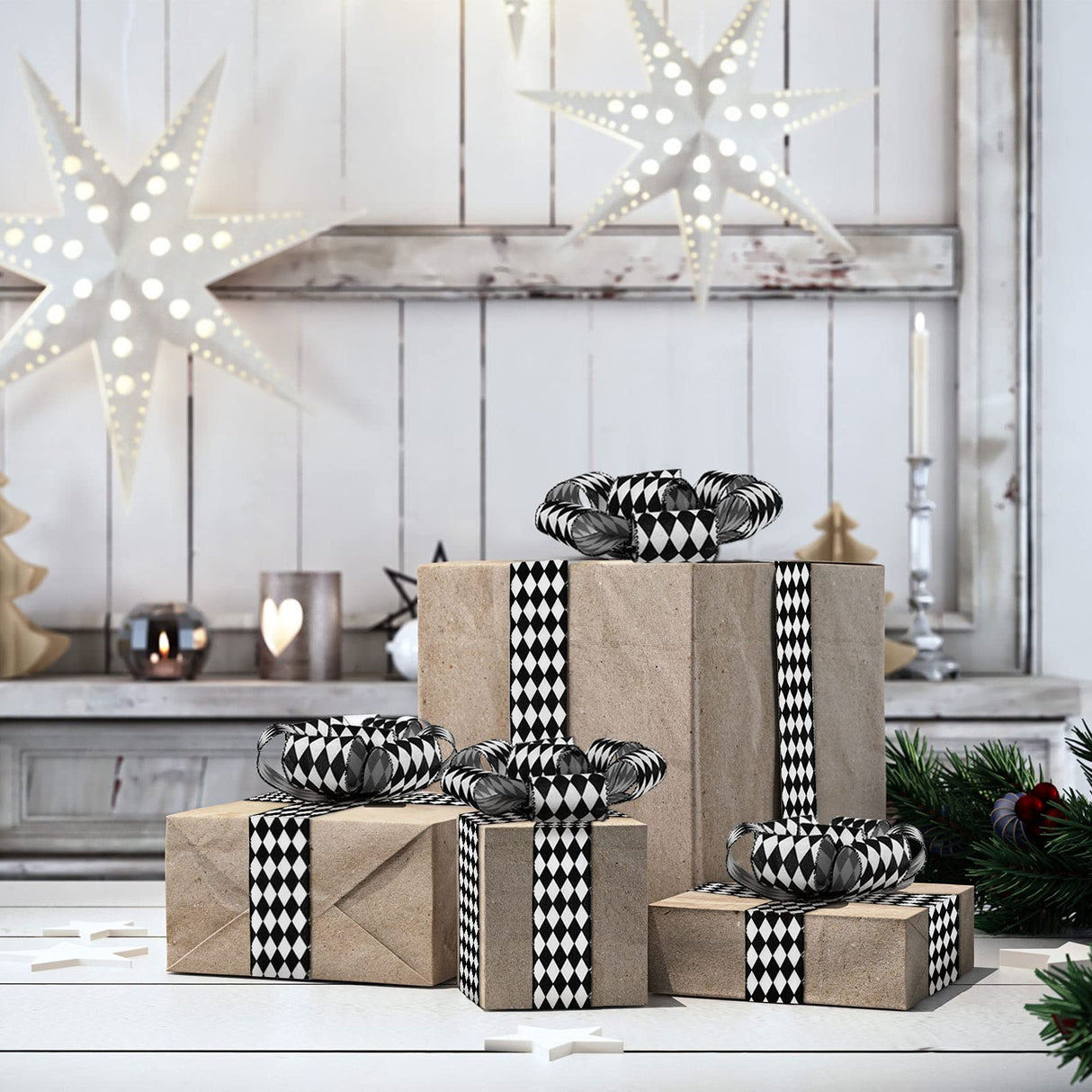 2 Rolls Christmas Checkered Ribbon Black and White Check Ribbon Diamond Check Wired Edge Ribbon Diamond Pattern Decorative Ribbons for Christmas Fall Tree Wrapping DIY Crafts (2.6 Inch) MTLEE