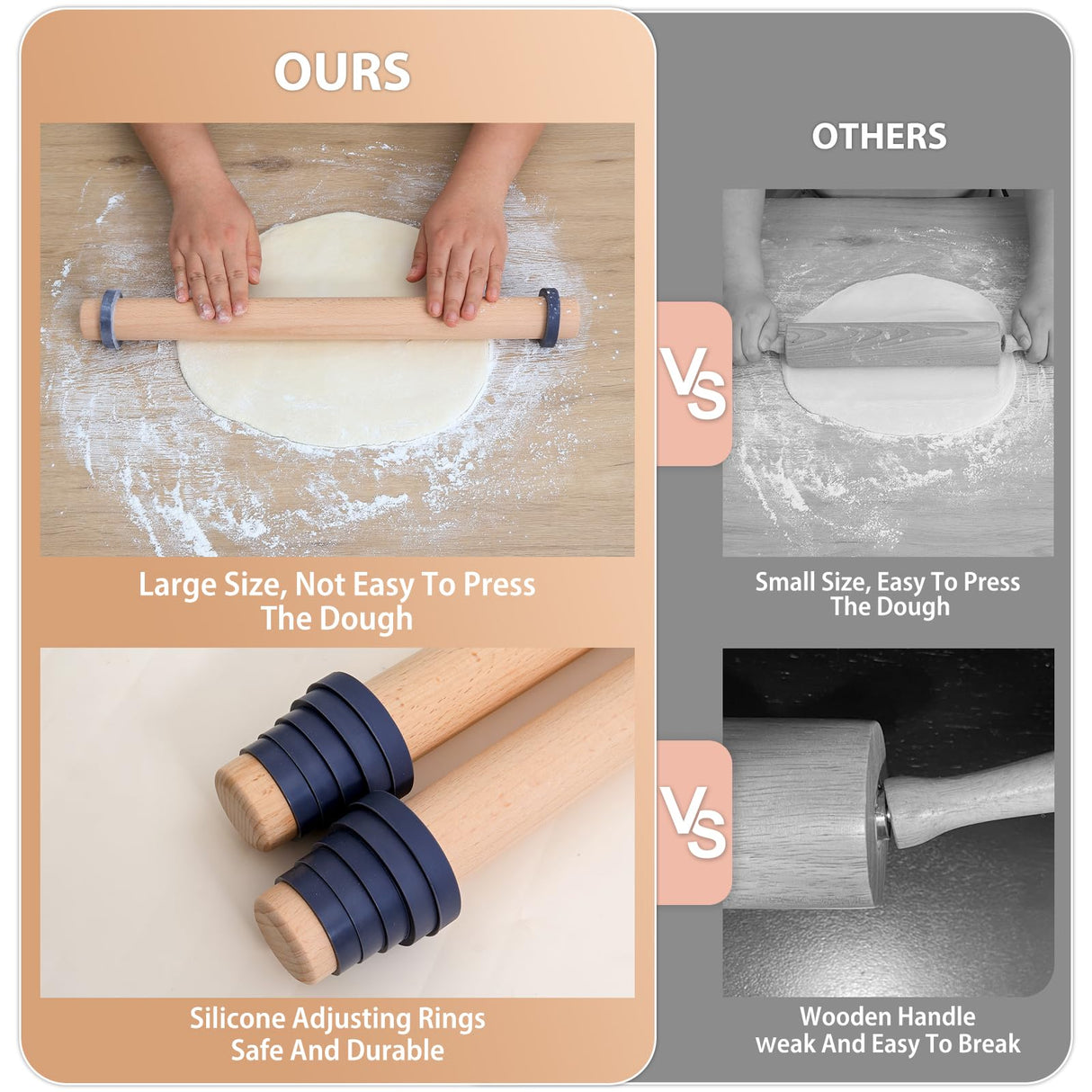 Adjustable Wood Rolling Pin with Thickness Rings for Baking -Non Stick Wooden Dough Roller Pin with Spacer Bands for Cookie,Pie Crust, Pastry Fondant and Bread By Folksy Super Kitchen (15.8, Grey) Folksy Super Kitchen