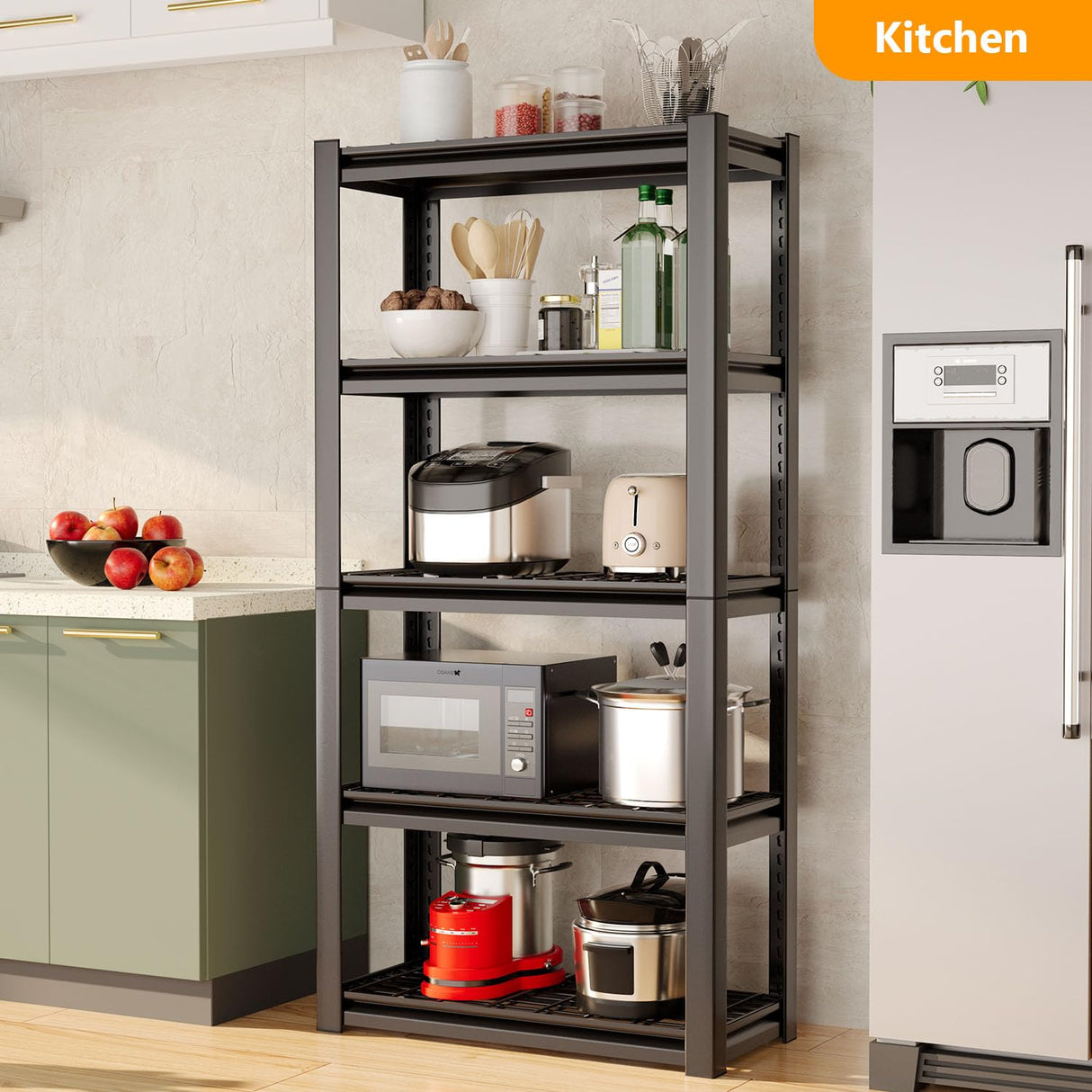 OS MOTOR 72" Storage Shelving Unit, Heavy Duty 5-Tier Adjustable Metal Rack, Standing Utility Shelves for Garage, Basement, Pantry, Kitchen, Warehouse, 3000 lbs Capacity, 72" H x 35" W x 16" D, Black OS MOTOR