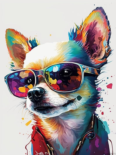 PUAGEMTI Diamond Painting Kits for Adults DIY 5D Chihuahua Round Diamond Cute Animals Full Diamond Diamonds, Home Wall Decor Gift Dog with Sunglass Gemstone Art Painting Kits 12x16inch