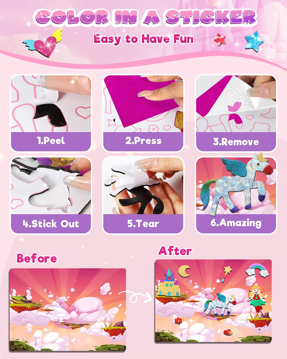 Foil Art Fun Kit for Kids - DIY Toy Unicorn Princess Foil Art Craft Activity for Kids, Foam Stickers Fun Craft Kits & Supplies, Creative Christmas Birthday Gifts Travel Toys for 4 and Up Arts & Crafts Baobrava