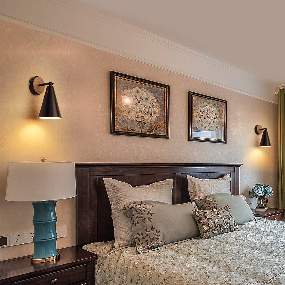 MWZ Rustic Farmhouse Black Metal and Wood Wall Sconce Adjustable Lamp,2 Pack,Rustic Wall Lighting Fixture for Bedroom, Living Room, Headboard, Garage, Porch MWZ