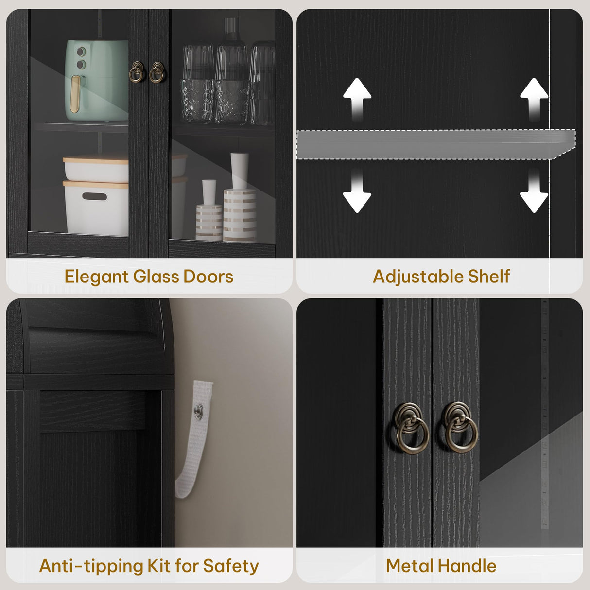 YITAHOME 71" Arched Cabinet Bookshelf Bookcase with LED Light/Wood Display Cabinet with Tempered Glass Doors and Adjustable Shelves/Kitchen Pantry with Storage for Living Room,Dining Room-Black YITAHOME