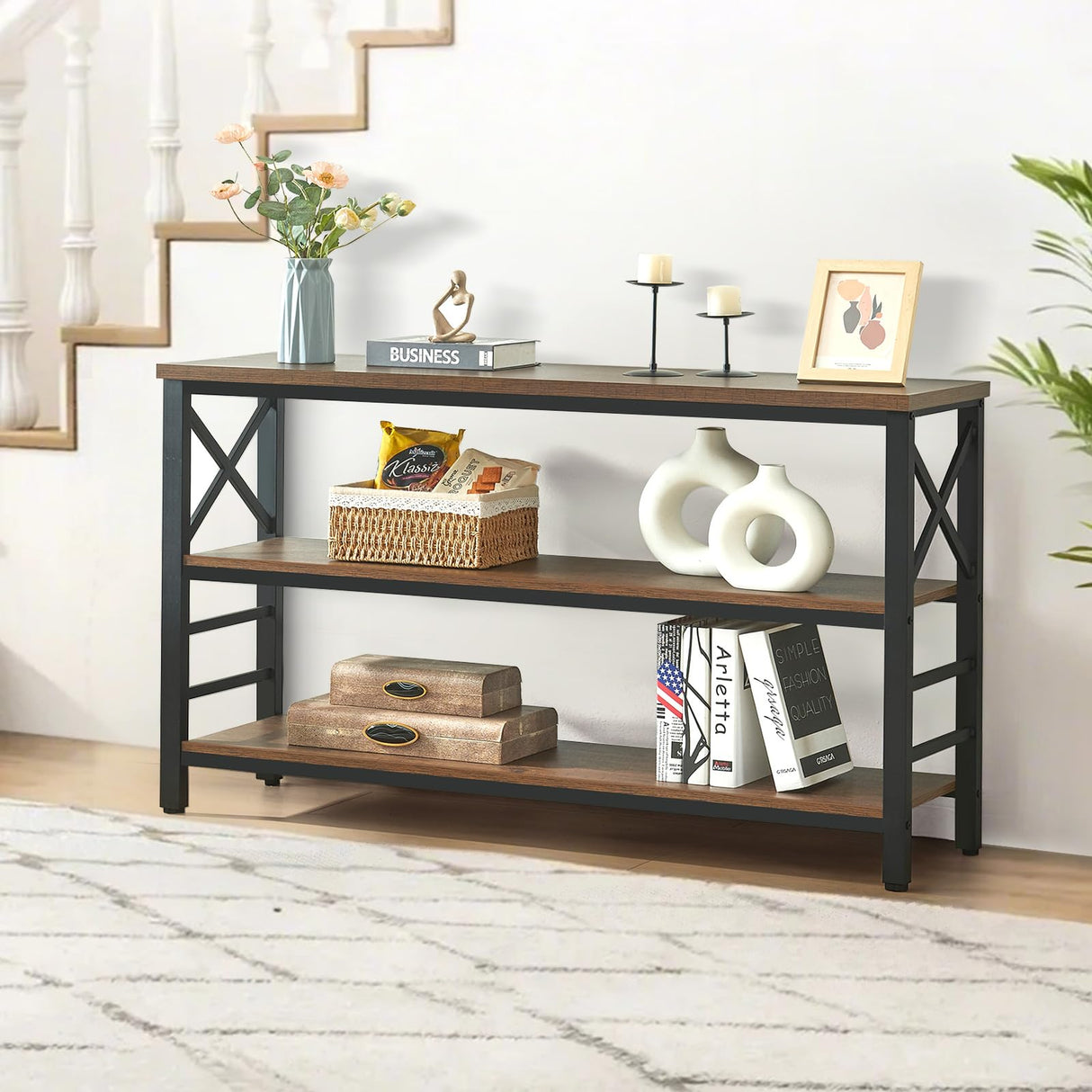 HOMBAZAAR Entryway Console Table,Industrial Console Table with Storage for Entryway,Rustic Sofa Table with 3 Tier Wide Shelf and Metal Frame, Hallway Table for Entryway,Living Room,Brown,55'' HOMBAZAAR