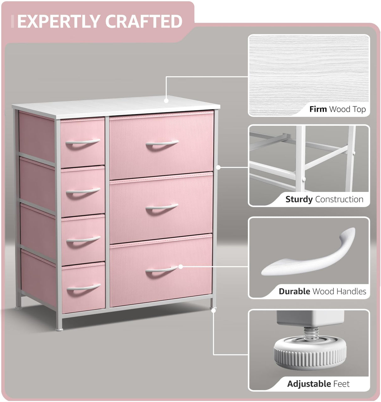 Sorbus Dresser with 7 Drawers - Furniture Storage Chest for Kid’s, Teens, Bedroom, Nursery, Playroom, Clothes, Toys - Steel Frame, Wood Top, Tie-dye Fabric Bins (7-Drawer, Pastel Pink) Sorbus