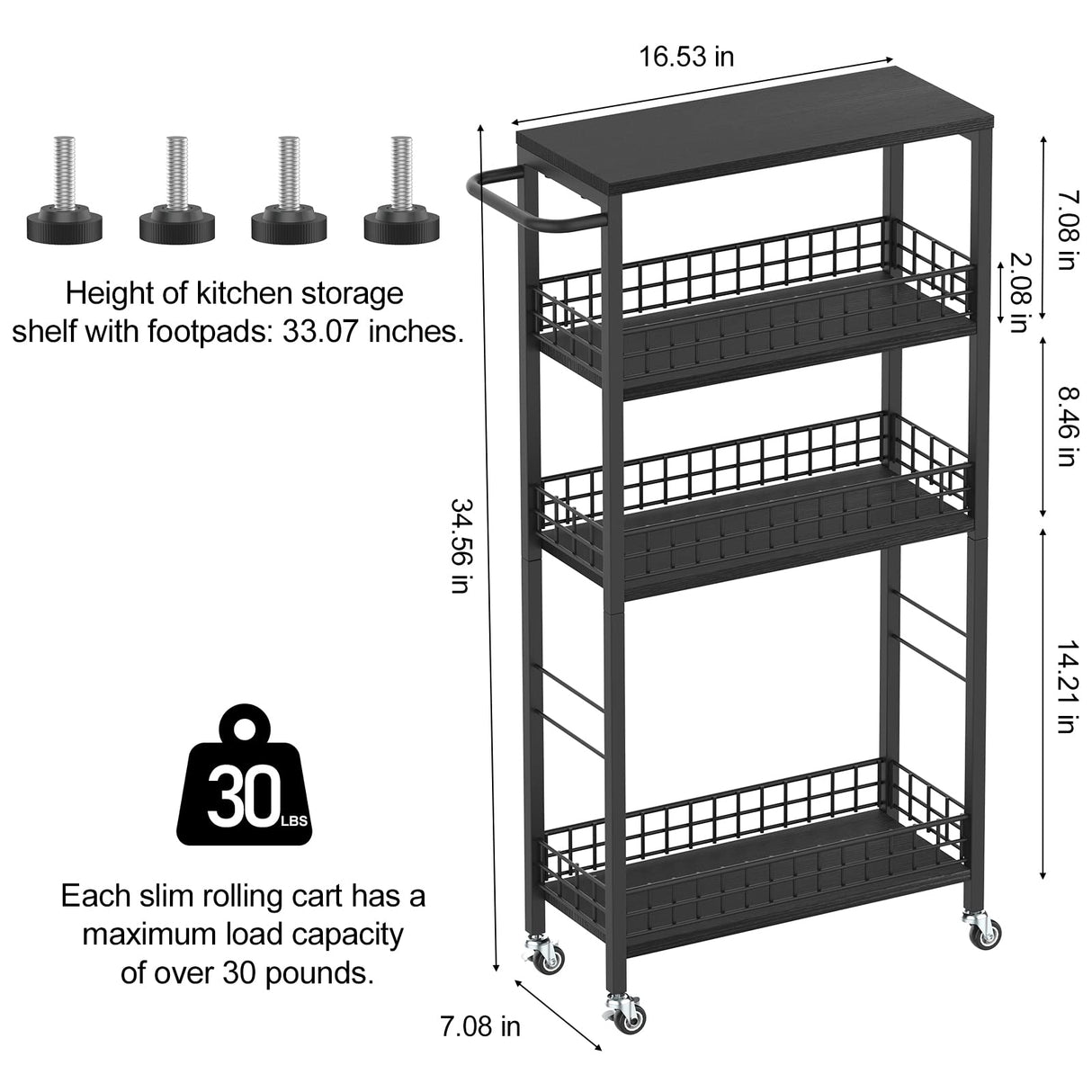 Narrow 4-Tier Rolling Storage Cart with Handle - Modern Black Utility Cart for Small Spaces NORCEESAN