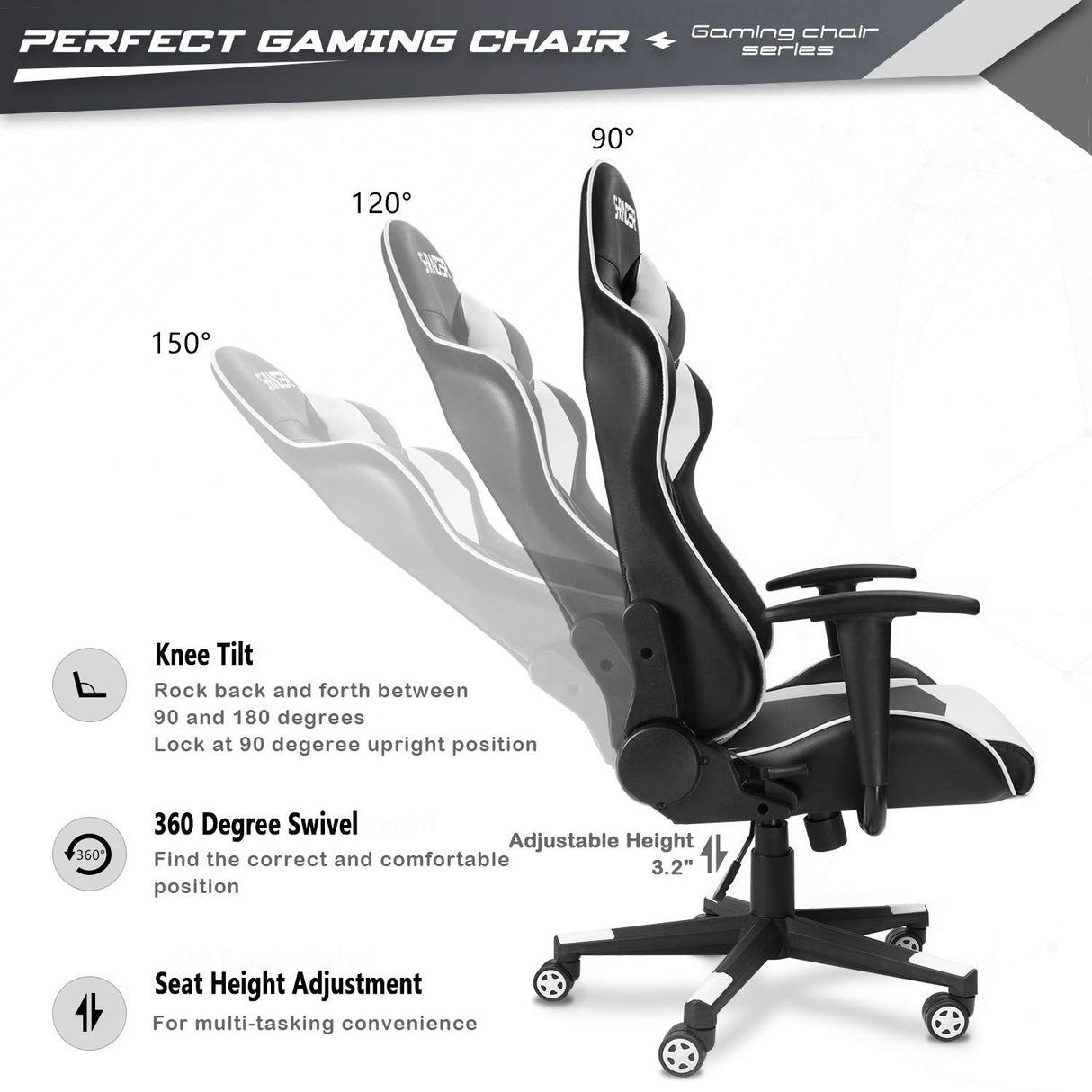 Furniwell Gaming Chair PU Leather Office Chair High Back Computer Chair Desk Chair Adjustable Swivel Racing Executive Leather Ergonomic Task Chair with Headrest and Lumbar Support (White) Furniwell