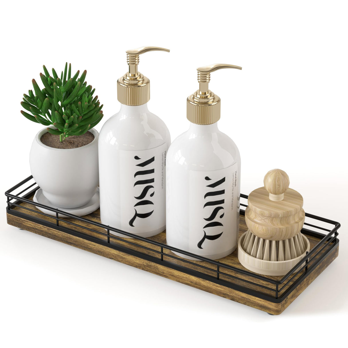 Farmhouse Kitchen Soap Tray, 11" Sink Countertop Wood Soap Dispenser Tray Brush Holder, Spice Salt and Pepper Organizer for Dining Room Counter Decorative Coffee Table Centerpiece Tray Rustic Brown Focusonit