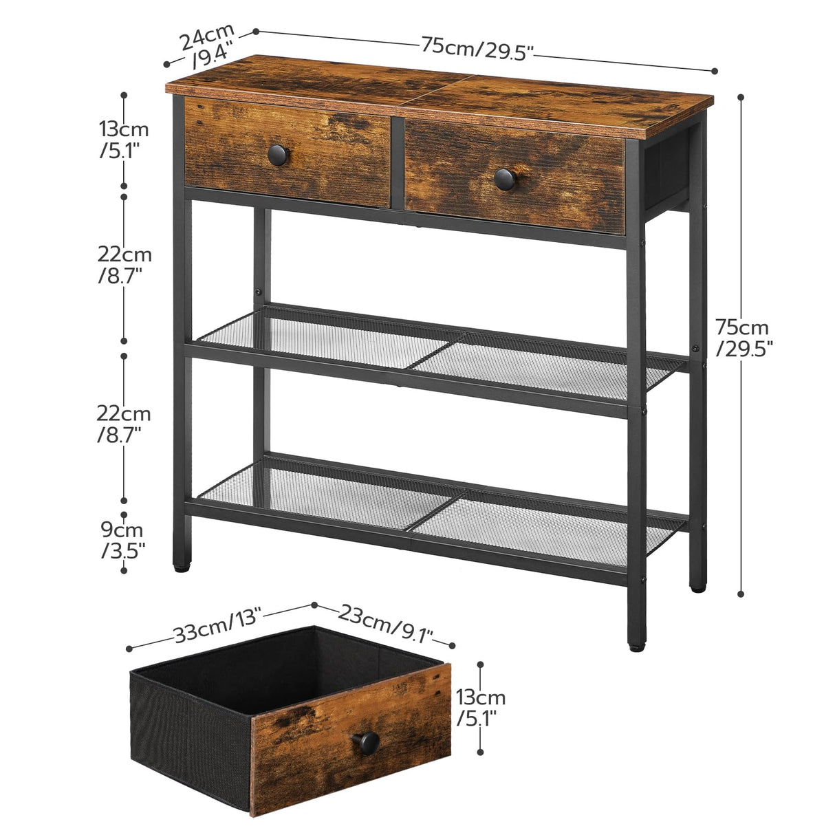 HOOBRO 29.5" Narrow Console Table with 2 Fabric Drawers, Small Entryway Table with 3-Tier Storage Shelves, Thin Sofa Table, Side Table, for Living Room, Hallway, Rustic Brown and Black BF72XG01 HOOBRO