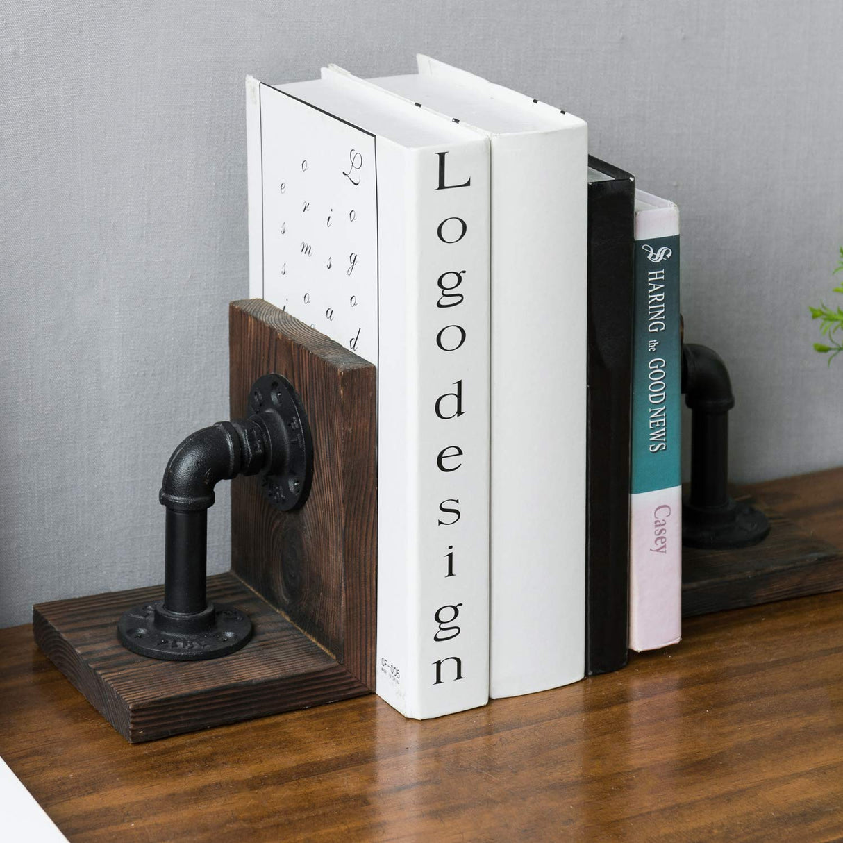MyGift Dark Brown Industrial Pipe & Rustic Wood Bookends, Set of 2 MyGift