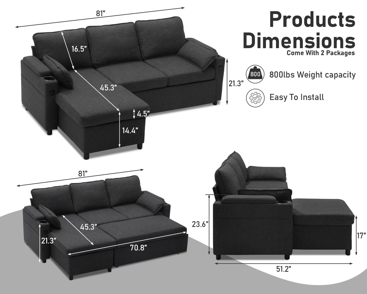 DURASPACE Sofa Bed Sleeper Pull Out 2 in 1 Sectional Sleeper Sofa Couches with Storage,USB, Cup Holder,Pullout Sectional Couches for Apartment Living Room (Dark Gray) DURASPACE