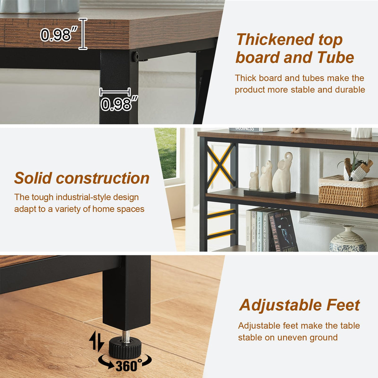 HOMBAZAAR Entryway Console Table,Industrial Console Table with Storage for Entryway,Rustic Sofa Table with 3 Tier Wide Shelf and Metal Frame, Hallway Table for Entryway,Living Room,Brown,47'' HOMBAZAAR