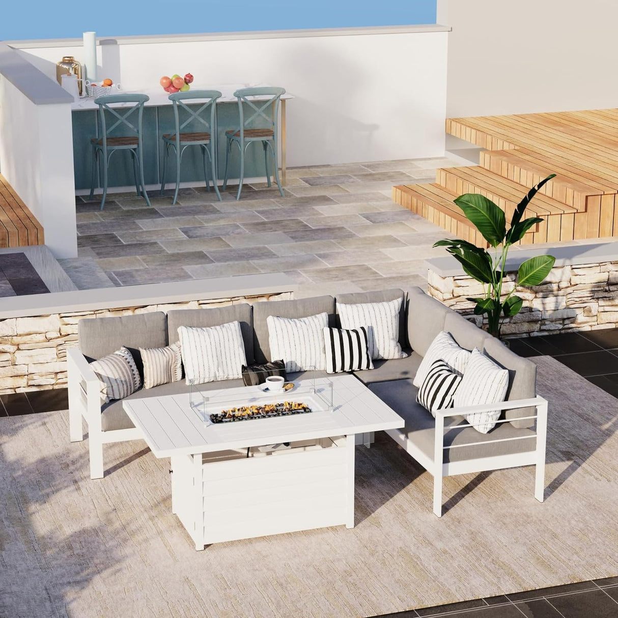 Solaste Aluminum Patio Furniture Set with Fire Pit Table, 6 Piece Sectional Metal Outdoor Furniture with Ottoman, Modern Patio Conversation Set Water-Resistant Cushion for Balcony, Front Porch, White Solaste