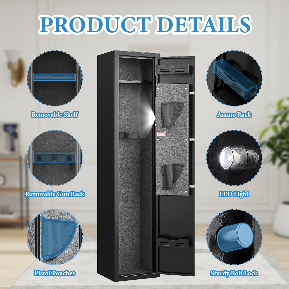 2-3 Gun Safe for Rifles and Pistols, No Assembly Required, Gun Safes for Rifle with Password Lock, Gun Cabinet for Home with Removable Shelf,180° Full Access Door, Alarm System & Mute Mode Marcree