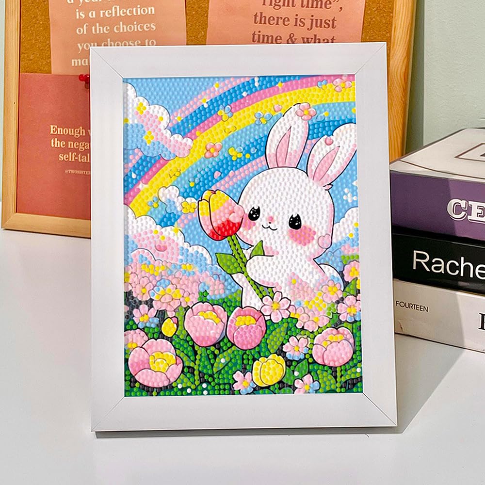 PERFECTSIGHT Cute 5D Diamond Art Kits with Wooden Frame, Kawaii DIY Painting Art for Adults, Diamond Arts and Crafts Sets, Big Gem Full Drill Diamond Dots for Women, Rainbow Bunny PERFECTSIGHT