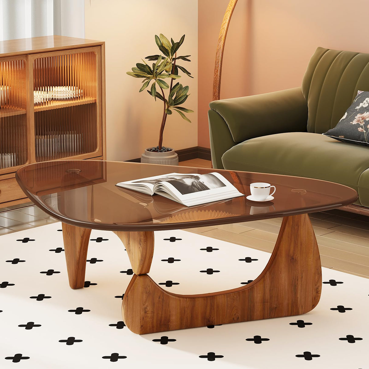 CAJCA Coffee Table for Living Room Mid Century Modern Center Table with Glass Top and Wood, Brown/Walnut