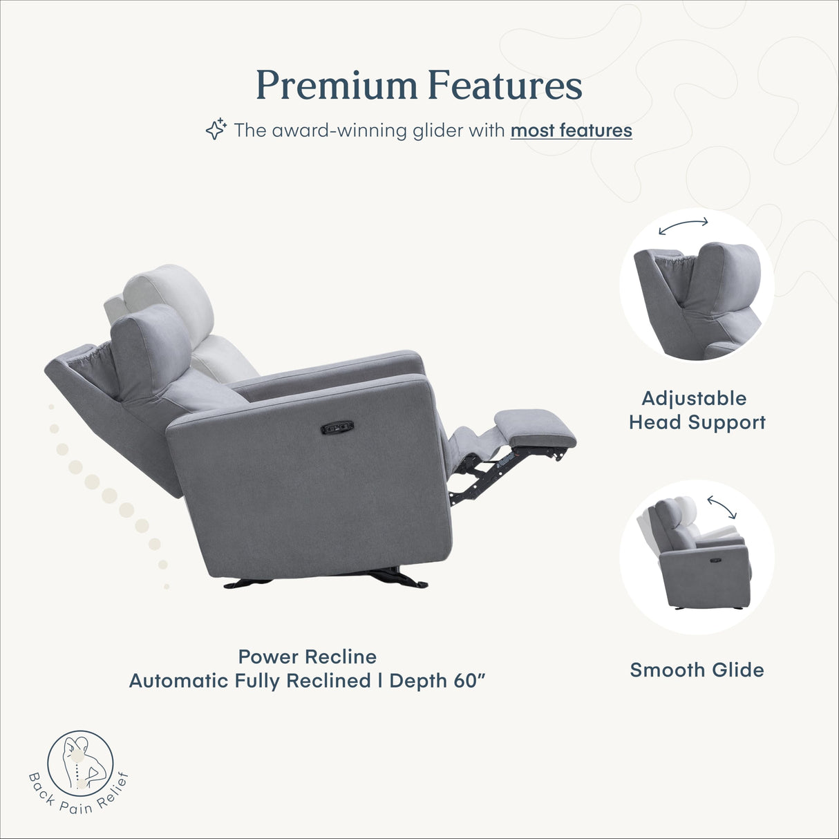 Nurture& The Glider Premium Power Recliner Nursery Glider Chair with Adjustable Head Support | Designed with a Thoughtful Combination of Function and Comfort | Built-in USB Charger (Gray) Nurture&