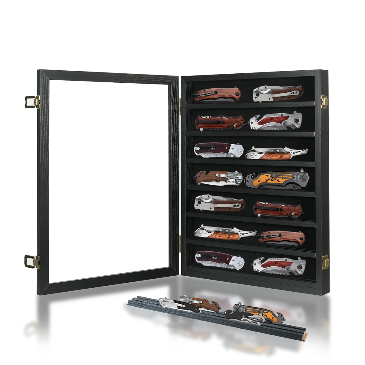 YRCKUDZKG Knife Display Case for Collections, Pocket Knife Display Case with HD Tempered Glass, Lockable Storage Cases with Removable Shelves, Wall-Mounted 7-Layer Wood Cabinet, Black YRCKUDZKG