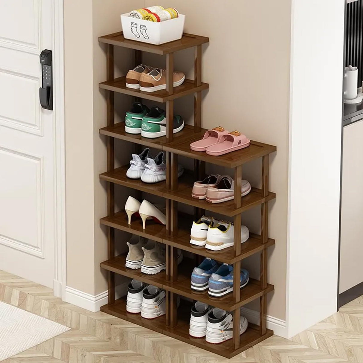 Vertical Shoe Rack - Tall Narrow Shoe Rack Organizer for Small Spaces,7 Tier Bamboo Shoen Shelf for Entryway,Closet,Corner,Doorway,Skinny Shoe Shelf Space Saving Shoe Storage,Free Stackable DIY… AFOORD