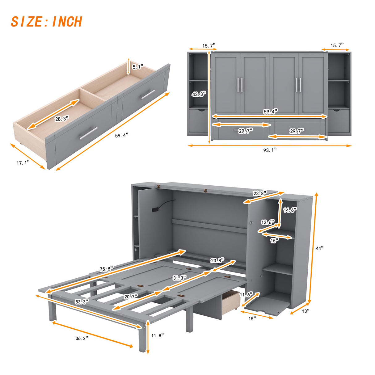 Ball & Cast Full Size Murphy Bed,Cabinet Hideaway Bed with Shelves and Drawers,Wood Wall Bed can be Folded w/USB Ports,Easy Assembly,Platform Bedframe for Kids Bedroom,Student Dorms,Gray Ball & Cast