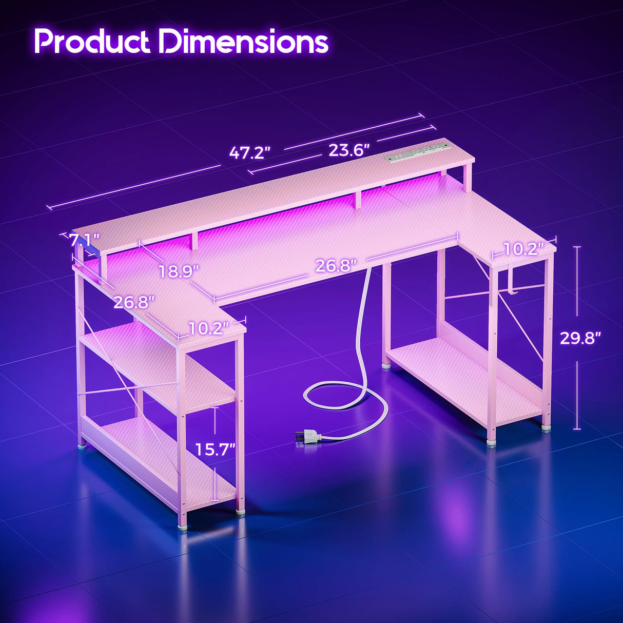 ODK 48 Inch Gaming Desk with LED Lights and Power Outlet, U-Shaped Computer Desk with Monitor Stand and Storage Shelves, PC Gamer Table for Home Office, Carbon Fiber Pink ODK