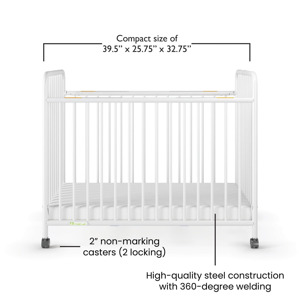 Child Craft Little Dreamer Metal Compact Folding Portable Crib with 2” Crib Mattress and 2 Easy Roll Locking Wheels, Durable Metal Construction, Easy to Clean (White) Child Craft