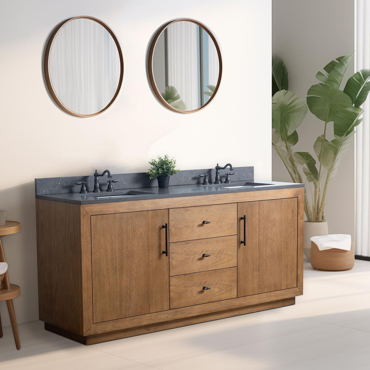 Vanity Art 72 inch Double Sink Bathroom Vanity, Vanity Cabinet with Doors and Shelf, Modern Wood Bathroom Vanity with Black Marble Top, Solid Wood Frame, 3 Functioning Drawers, VA70-72-DT-B Vanity Art