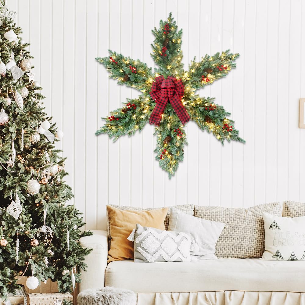 YEAHOME 48 Inch Large Christmas Wreath, 4 FT Pre-Lit Christmas Star Wreaths for Front Door with 120L Warm White LED Lights, Bow-tie, Berries, Pine Cones for Xmas Outdoor Indoor Wall Home Decorations YEAHOME