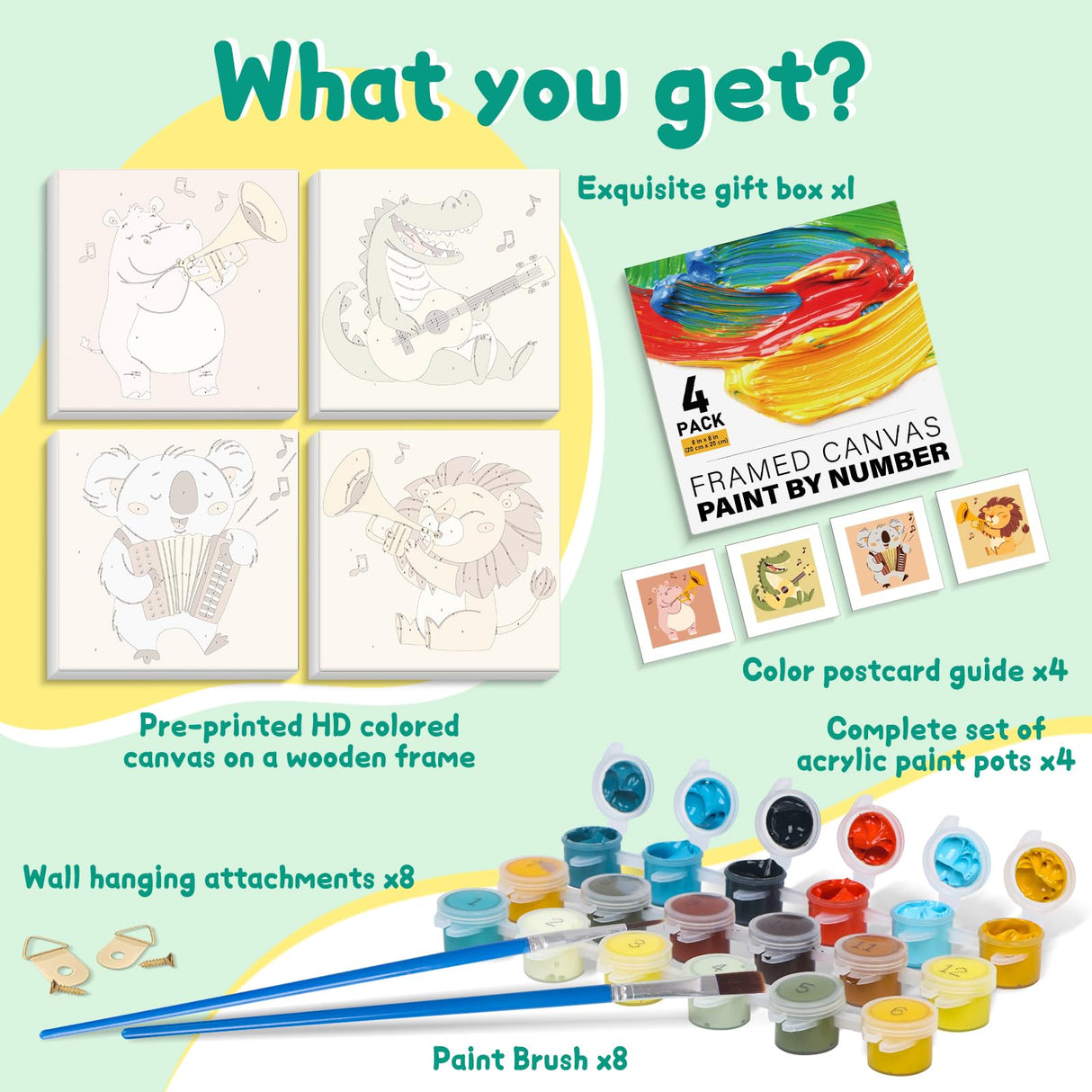 4 Pack Paint by Numbers Kit for Kids with Wooden Frame, Animals Easy Framed Paint by Numbers for Kids Age 4-8-12, DIY Simple Acrylic Oil Kids Painting by Numebrs Kit for Home Wall Decor (8x8 Inch) Offito