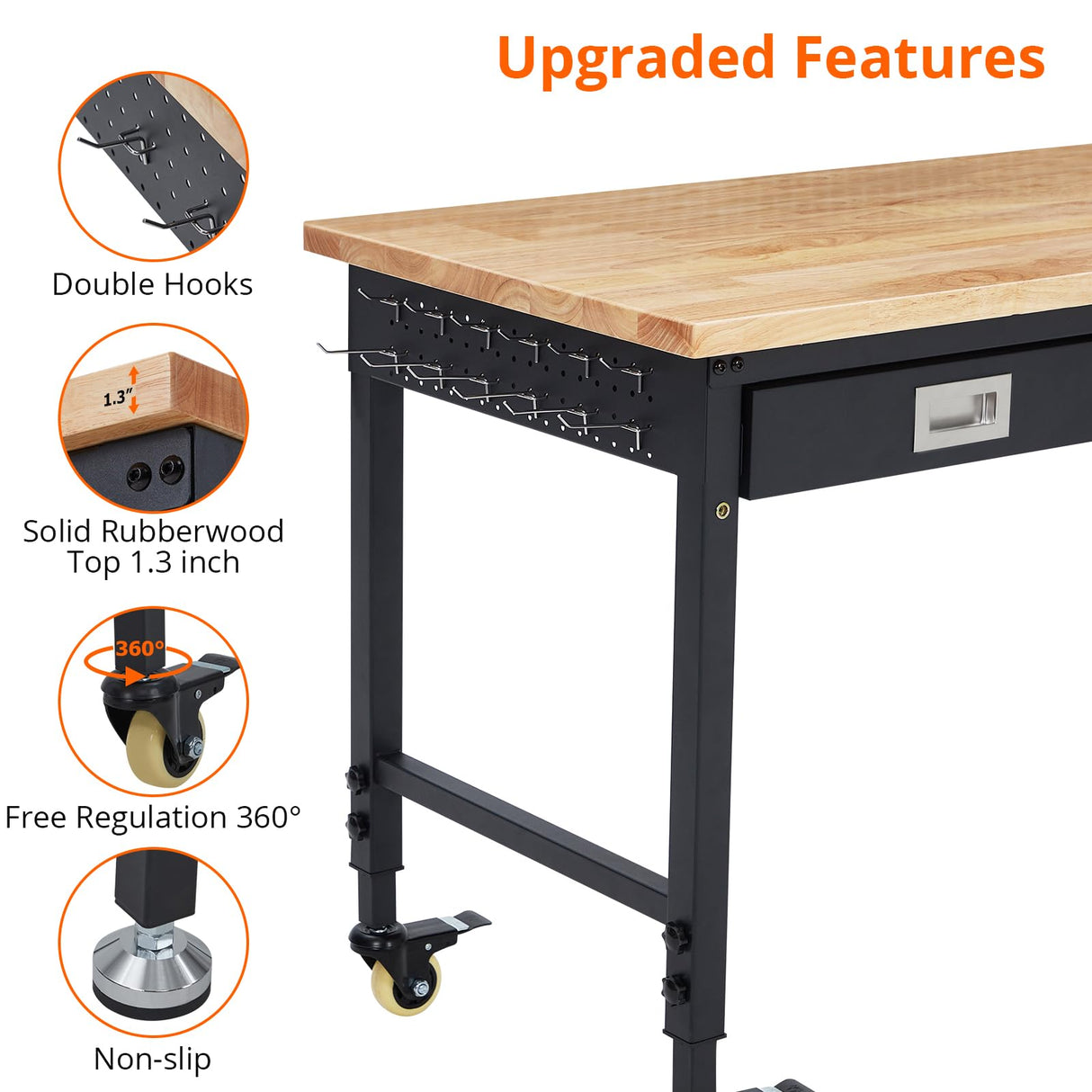 48"x 24" Workbench with Drawer for Garage, Rolling Heavy-Duty Worktable with Power Outlet and Lockable Wheels, Adjustable Height Rubber Wood Top Shop Table for Workshop, 2000LBS Load Capacity ElfinAura