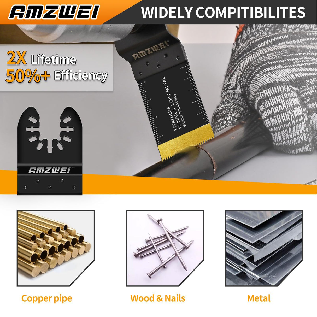AMZWEI 50PCS Multi Tool Blade Kits, Professional Titanium Oscillating Tool Blades for Metal, Wood, Plastic, Curved Edge Oscillating Saw Blades Compatible with Dewalt Milwaukee Ryobi Rockwell Fein AMZWEI