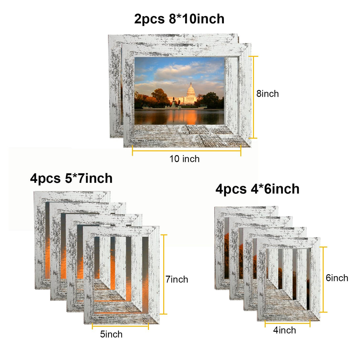 xnlkros Picture Frame Set 10 pack, Farmhouse Photo Frames, Gallery Wall Frame Collage, 8x10 5x7 4x6 Frames in 3 Different Finishes Picture Frames For Wall or Desk xnlkros