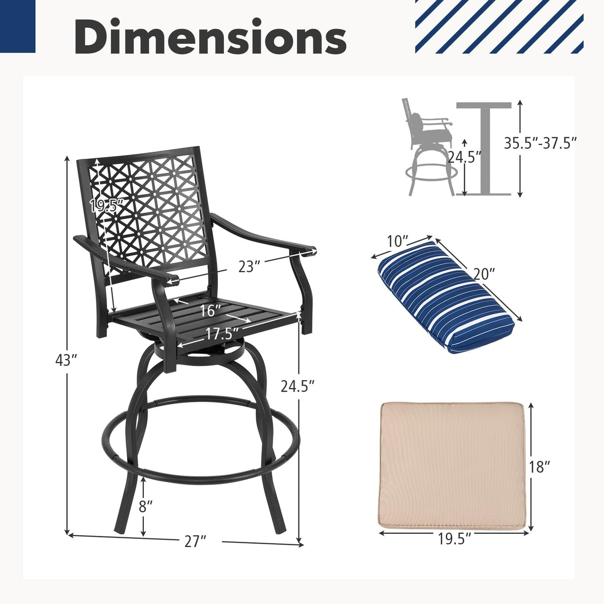 COSTWAY Outdoor Bar Chair Set of 4, 24.5 Inch Swivel Counter Height Bar Stools with Footrest, Seat Cushions & Lumbar Pillows, Metal Dining Bar Chairs for Patio, Backyard, Poolside (4) COSTWAY