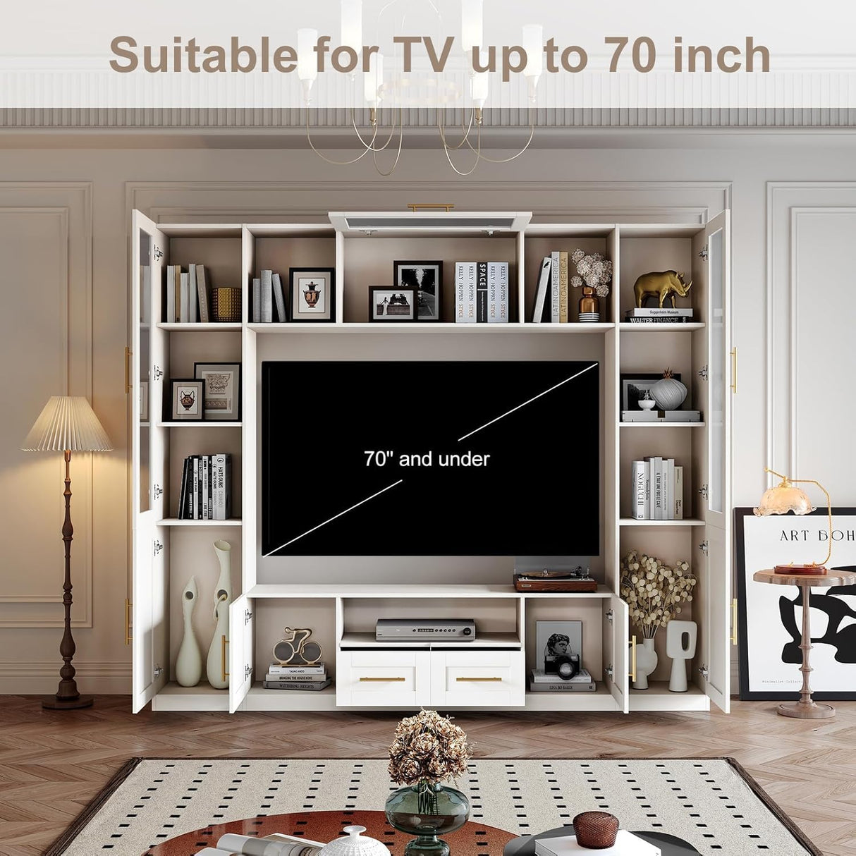 Entertainment Wall Unit: 4-Piece TV Stand with Bookshelves & Storage, Media Center for Living Room, Up to 70" TVs, White Bobve