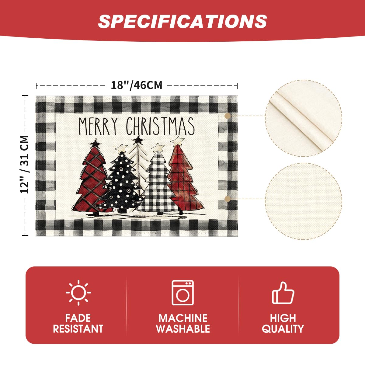 Artoid Mode Waterclor Buffalo Plaid Christmas Trees Placemats Set of 4, 12x18 Inch Winter Table Mats for Outdoor Home Party Kitchen Dining Decor Artoid Mode