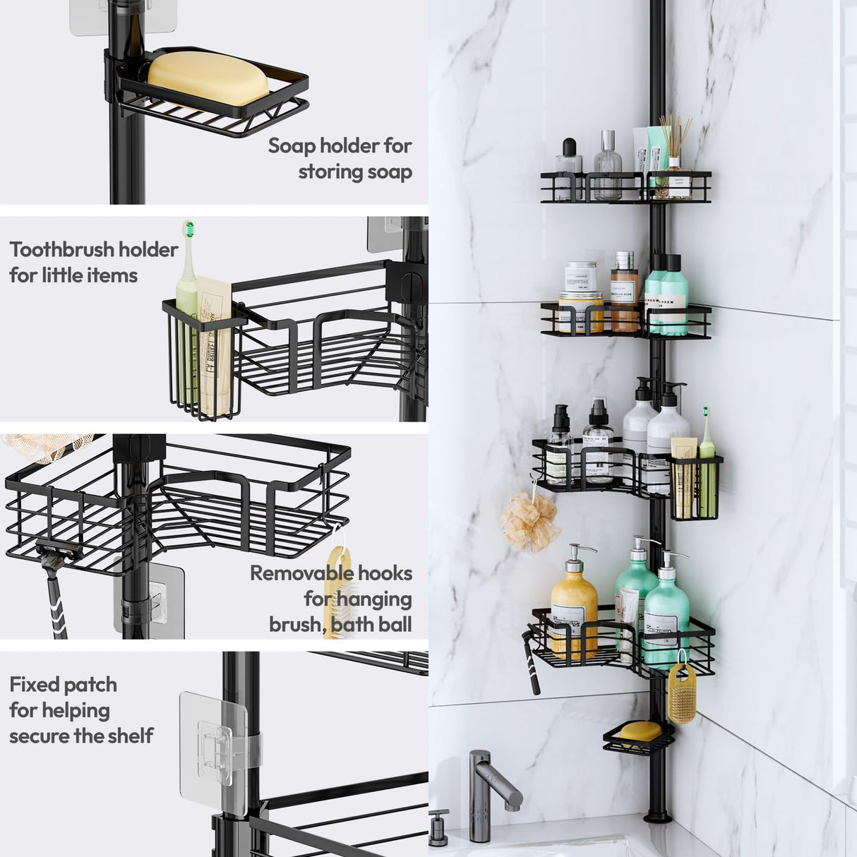SWTYMIKI Shower Caddy Tension Pole - 4-Tier Corner Shower Organizer Tension Rod with Soap Holder, Toothbrush Holder & 4 Hooks, Adjustable Stainless Steel Bathroom Organizer 27.6 to 108.3 inch, Black SWTYMIKI