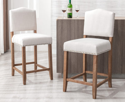 CIMOTA Counter Height Bar Stools Set of 2 Farmhouse Bar Chairs Mid Century Counter Stools Barstools with Back Kitchen Stools with Wood Legs for Island/Pub/Dining Room, Linen Beige, 26 Inch