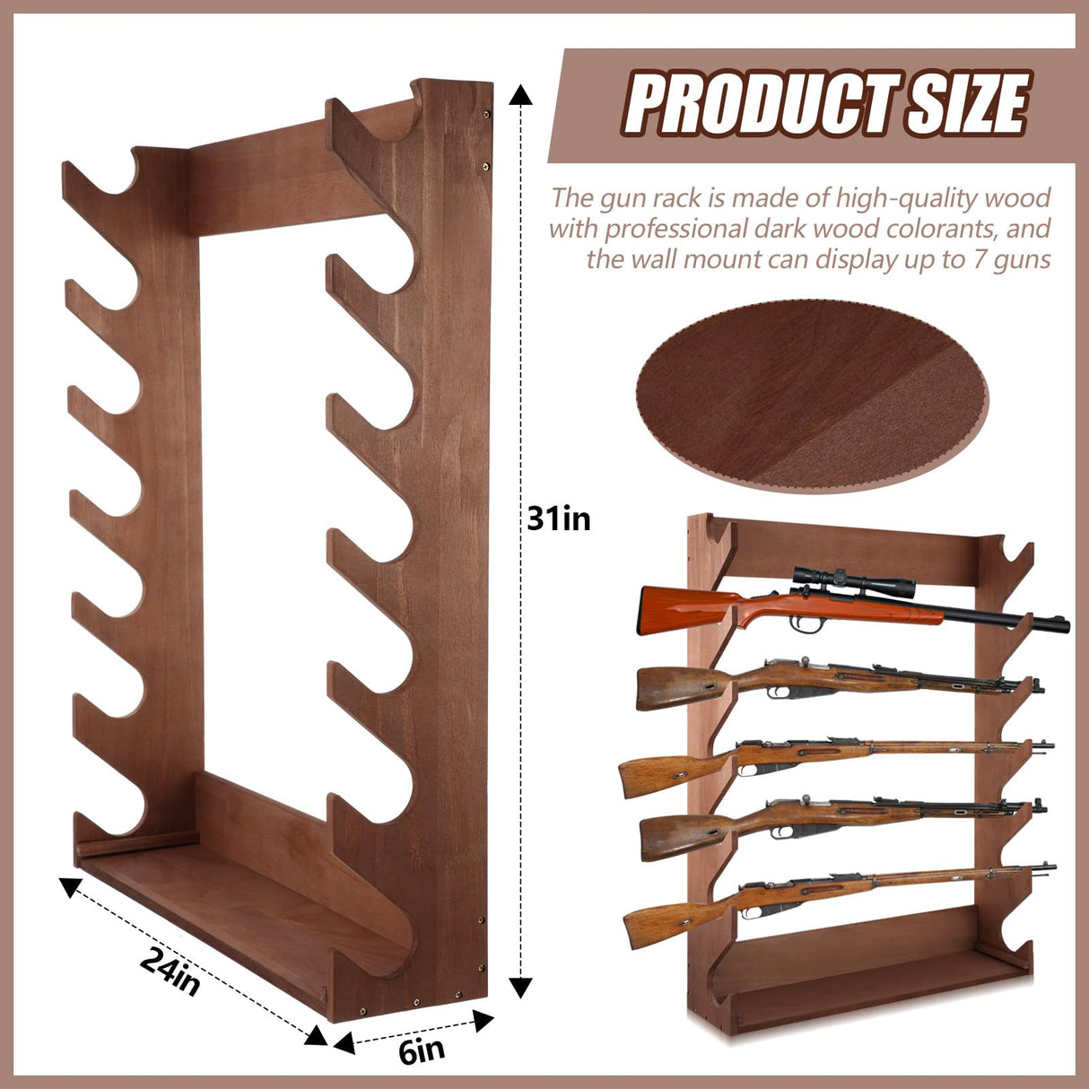 DoubleFill Gun Rack Storage Wooden Gun Rack Display Stand Wall Mount Indoor Holder for up to 7 Rifles or Shotguns Heavy Duty Wall Storage Display Rifle DoubleFill