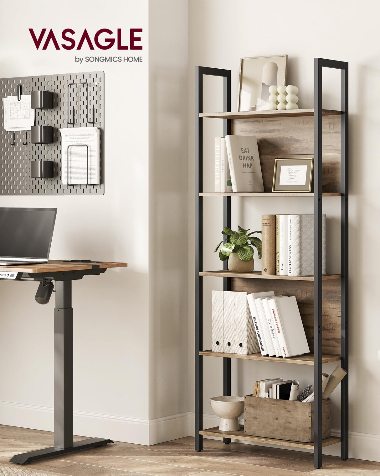 VASAGLE Industrial 5-Tier Bookshelf with Steel Frame in Rustic Walnut and Black VASAGLE