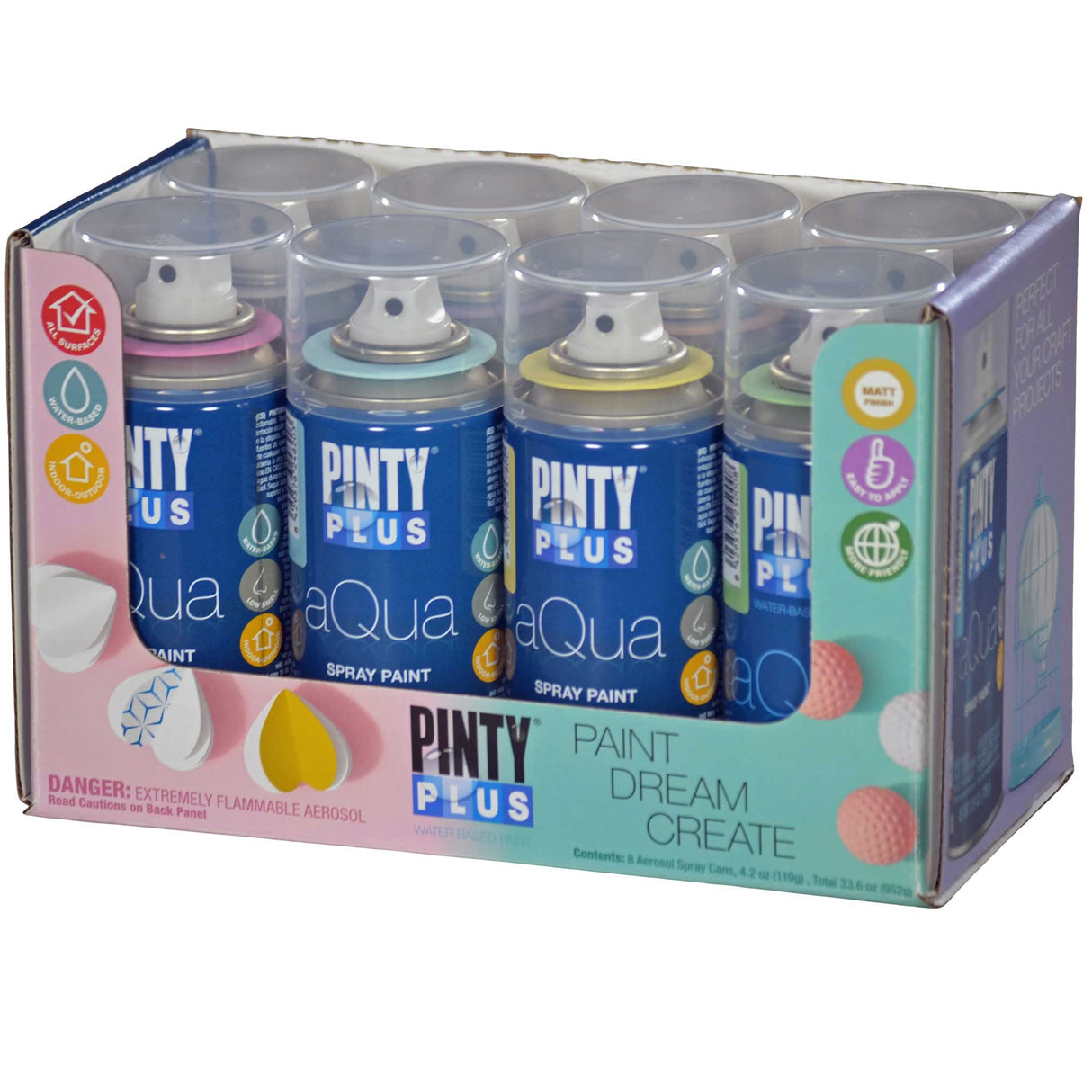 Spray Paint for Arts & Crafts, Water Based Pintyplus Aqua Mini, 4.2oz cans, 8 Piece Pastel Artist Set, Pink Bubble Gum, Light Orange, Yellow Chick, Apple Green, Ice Blue, Lavanda Violet, Black King, White Lady PINTY PLUS