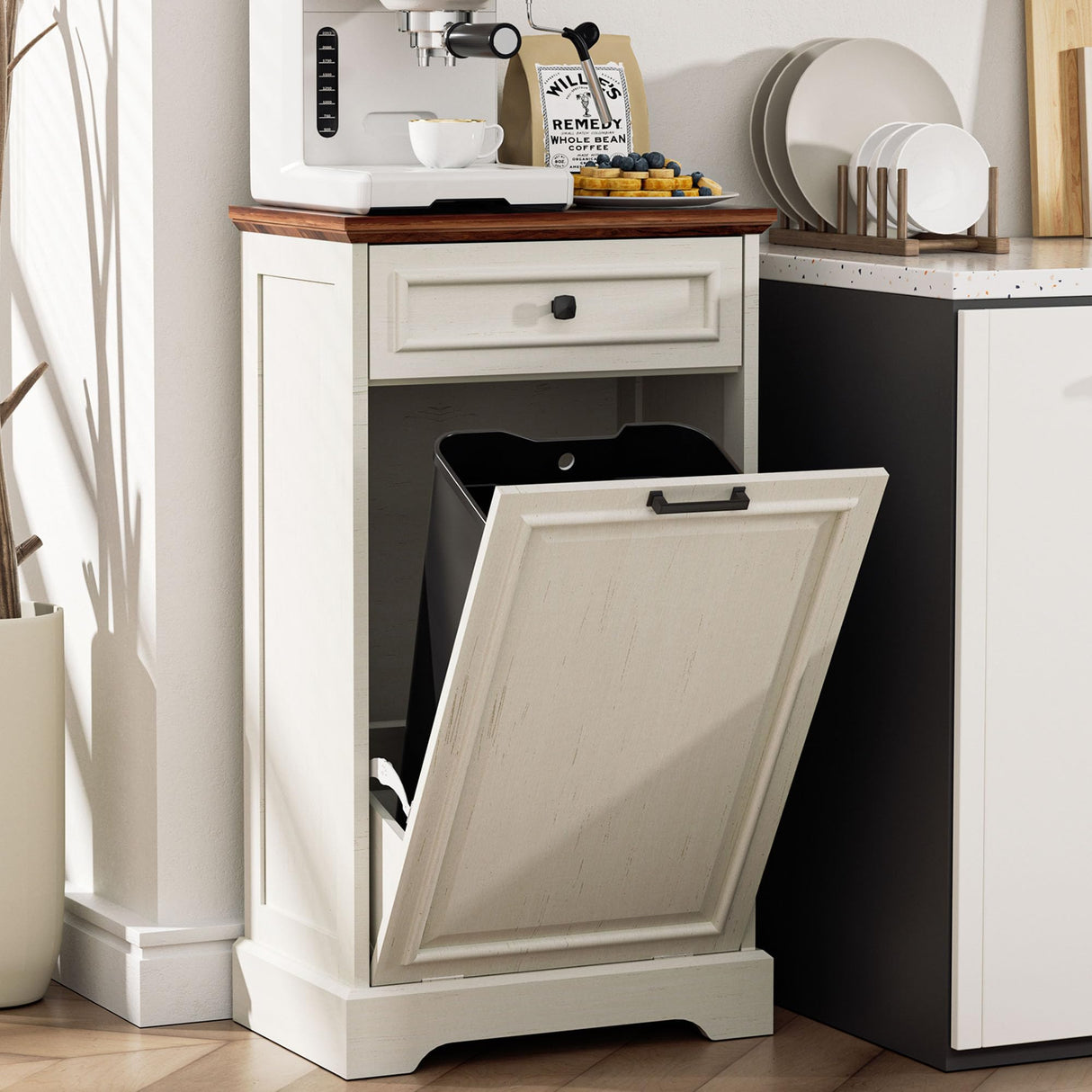 Spurgehom 13 Gallons Tilt Out Trash Cabinet Free Standing Kitchen Trash Garbage Bin Recycling Trash Cabinets with Hideaway Drawer Pet Proof Trash Can Holder for Kitchen, Antique White and Brown Spurgehom