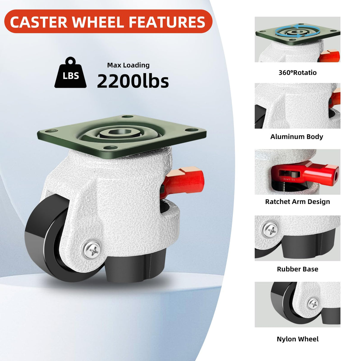 FIZAR Heavy Duty Leveling Casters - 360 Degree Swivel Castor Casters with Upgraded Handle, Height Adjustable Casters for Workbench, Machine, Equipment, Shelves, Total Capacity 2200 Lbs (4 Pack) FIZAR