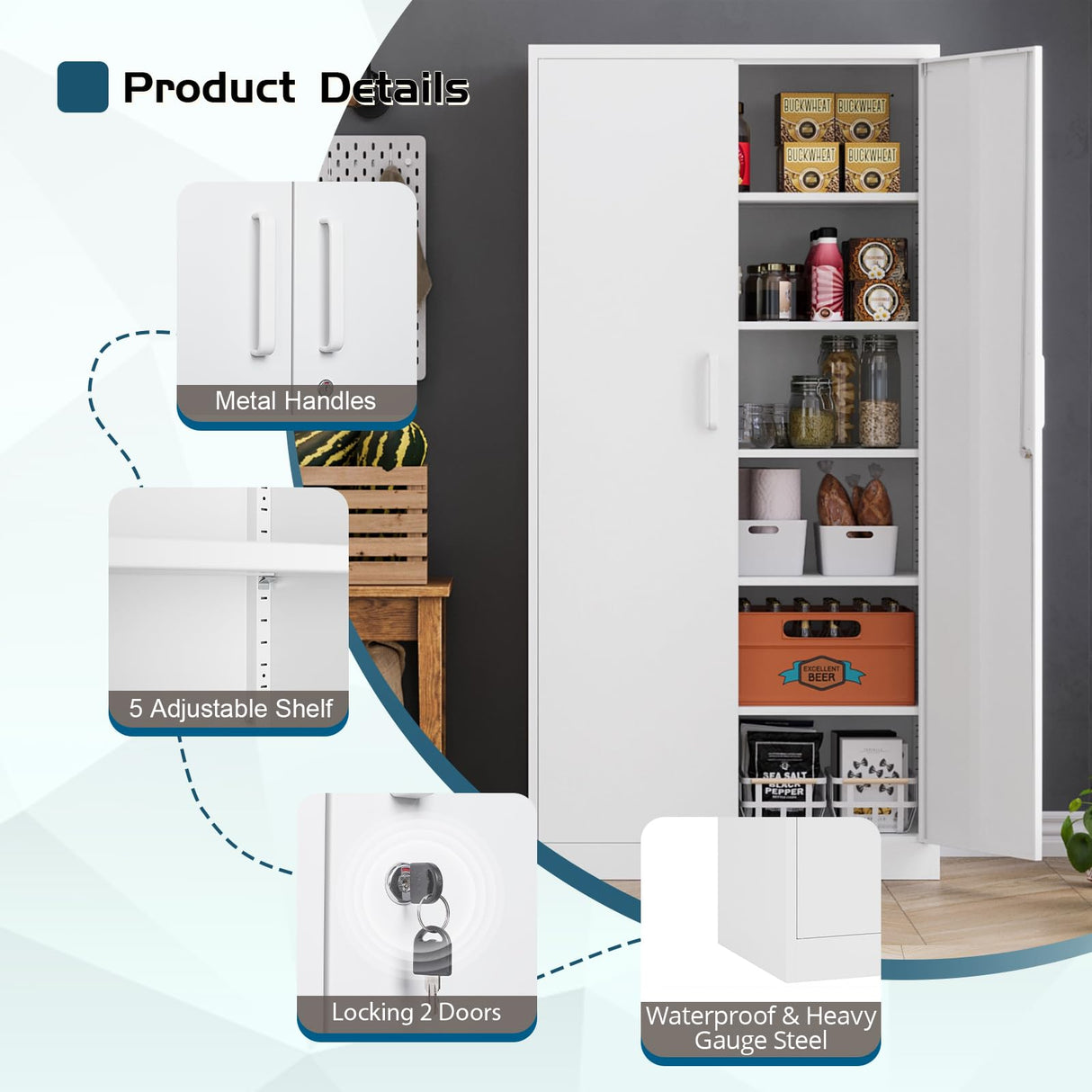 MIIIKO Metal Storage Cabinet with Lock, 72” Steel Storage Cabinet with 2 Doors and 5 Adjustable Shelves, for Office, School, Pantry and Kitchen MIIIKO