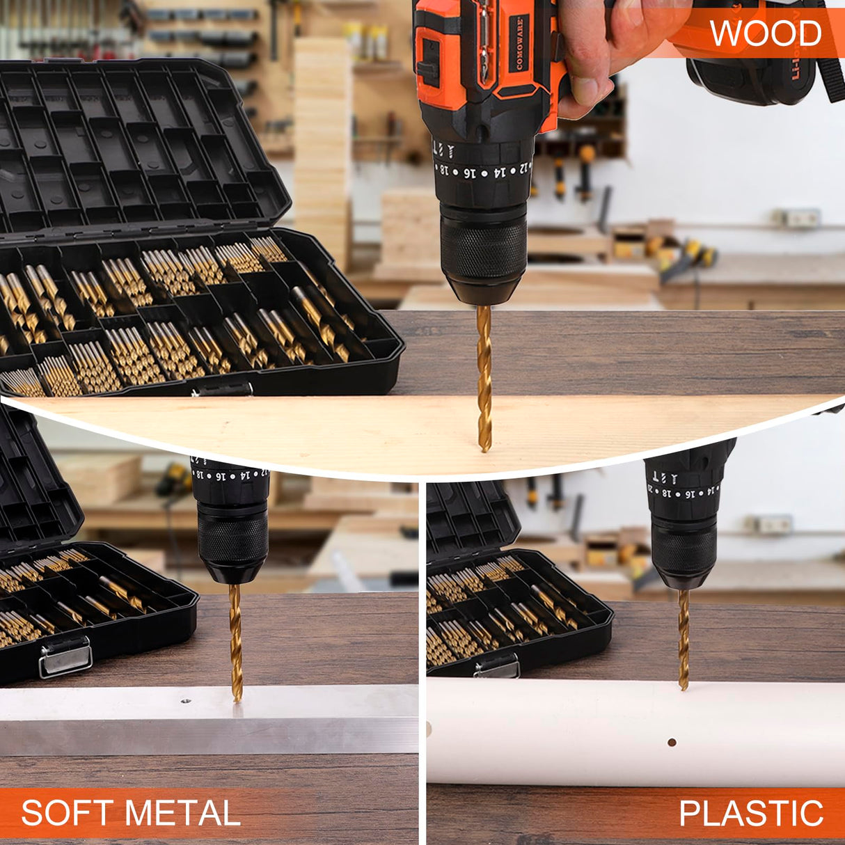 COMOWARE 230 Pcs Drill Bit Set for Wood & Metal - Titanium Wood Drill Bits, High Speed Steel Drill Bit Kit Titanium Coated for Wood, Metal, Plastic, Aluminum Alloy with Storage Case, 3/64"-1/2" COMOWARE