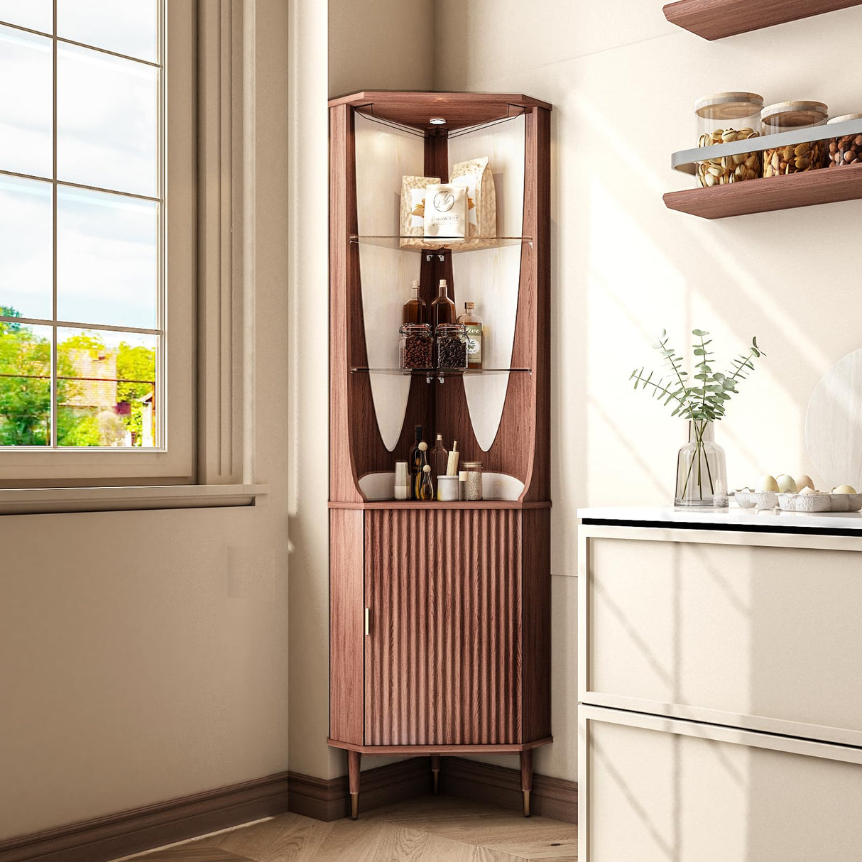 JOINICE,70" Tall Corner Cabinet,Mid Century Modern Storage Cabinet with Glass Shelves,Corner Bar Cabinet with Door & Lighting,Space Saver for Living Room,Bedroom,Dining Room,Kitchen,Walnut JOINICE