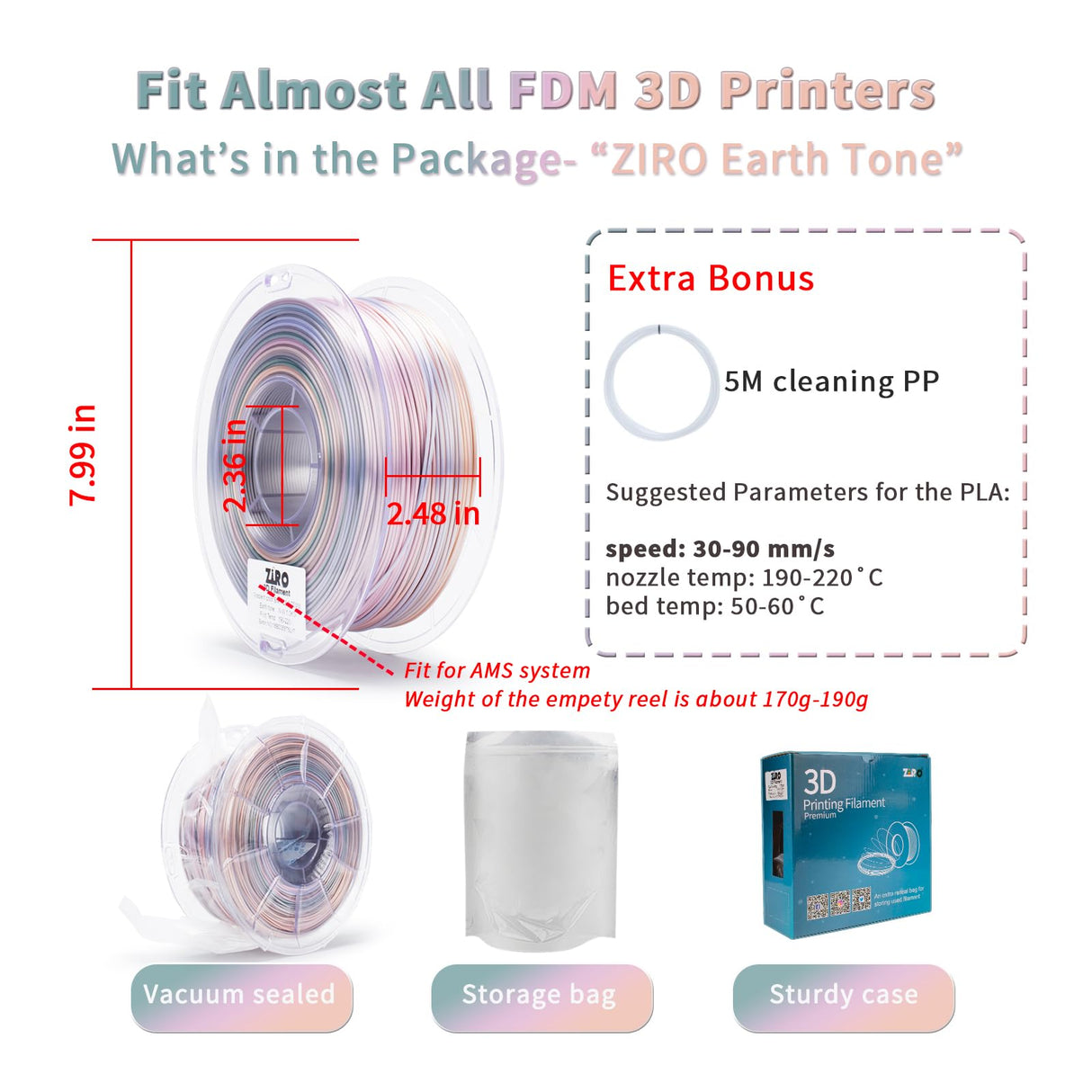 ZIRO 3D Printer Filament, Shiny PLA Fast Gradient Color Change, Glossy Color Change by Length PLA, Fit Most FDM 3D Printers, Dimensional Accuracy +/-0.03mm, 1KG/2.2lb Spool, Earth Tone(Silk) ZIRO